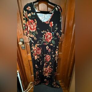 Longyuan Maxi Dress 3XL Plus Size Short Sleeve Jersey Knit Stretch Black EUC